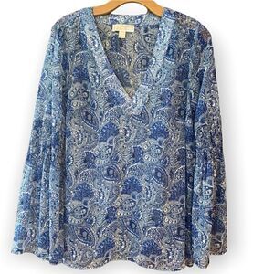 Michael Kors S Blue Gold Threaded Sheer BOHO Smocked Flared Sleeve Relaxed Top